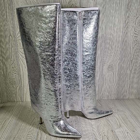 The Drop Shoes - The Drop Jolene Fold Over Tall Silver Crackle Boots Womens Size 9.5 NEW